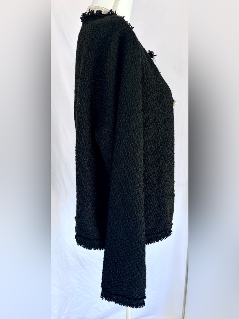 Black Tweed Fringed Pearl Button Crop Cardigan Jacket Plus XXL - Picture 4 of 6